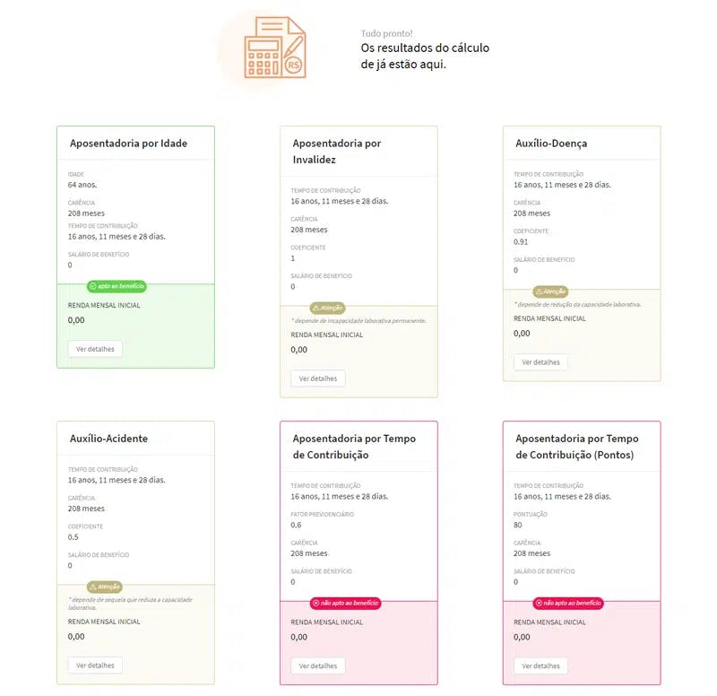 Resultados dos cálculos do Previdenciarista